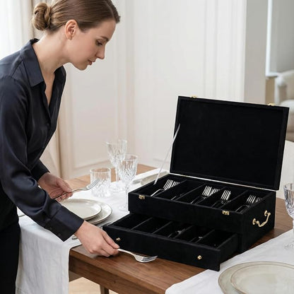 Pickmesh Silverware Case with Lid and Handle, Silverware Storage Box Sterling Silver Flatware Chest Without Silver Tarnish Proof Utensils Organizer for Kitchen Decor Wedding Gifts (Black,2 Layer)