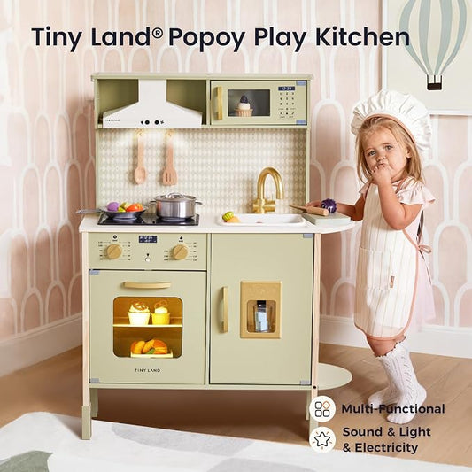 Tiny Land Play Kitchen for Kids, Wooden Farmhouse Kitchen Playset Chef Pretend Play Set for Toddlers w/Real Lights & Sounds, Toys Kitchen with 18 Pcs Toy Food & Cookware Accessories, Sage Green