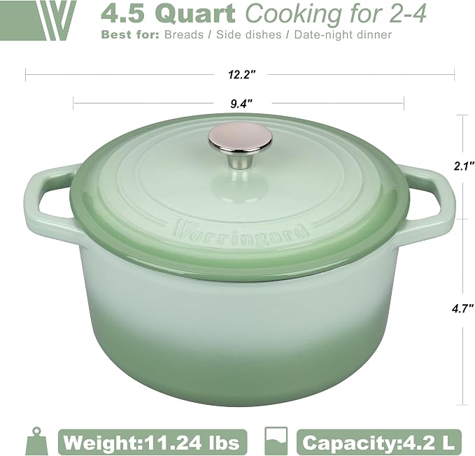 VORRINGARD Enameled Cast Iron Dutch Oven Pot with Lid, for Bread Baking, Round Bread Oven- include Sourdough Bread Baking Supplies Set, 4.5QT, Green