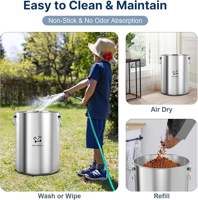 Paw Libero 2PK 25 Lbs total 50 Lbs Stainless Steel Dog Food Storage Container with Airtight Wooden Lid & Ceramic Bone Handle, Large Metal Dog Food Bin for Dogs & Cats