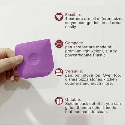 Plastic Pan Dish Pot Food Kitchen Scraper Tool Set, 3 pcs Nylon Plastic Cast Iron Skillet Cleaner Scrubber Scrapper, Kitchen Scraper Non-Scratch (Purple)