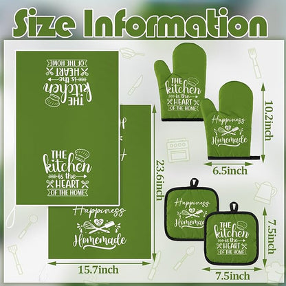 Sratte 6 Pcs Kitchen Decor Accessories Set Farmhouse Towels Pot Holders Oven Mitts Set 2 Dish Towels 2 Potholders 2 Cooking Mittens Oven Glove for Christmas Baking Cooking(Avocado Green,Kitchen)