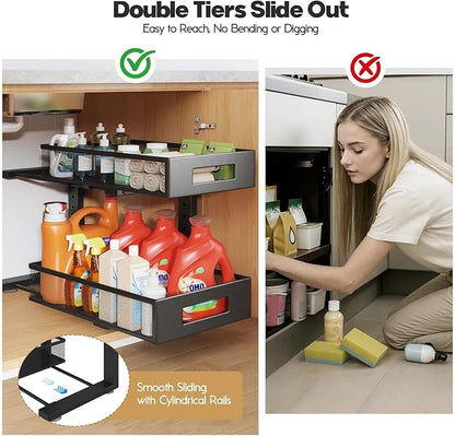 2 Packs 17IN Depth Under Sink Organizer, 2-Tier Pull Out Cabinet Organizer With Smooth Circular Rail, Large Capacity Metal Mesh Sliding Drawers For Bathroom& Kitchen Storage,Height Adjustable –Black
