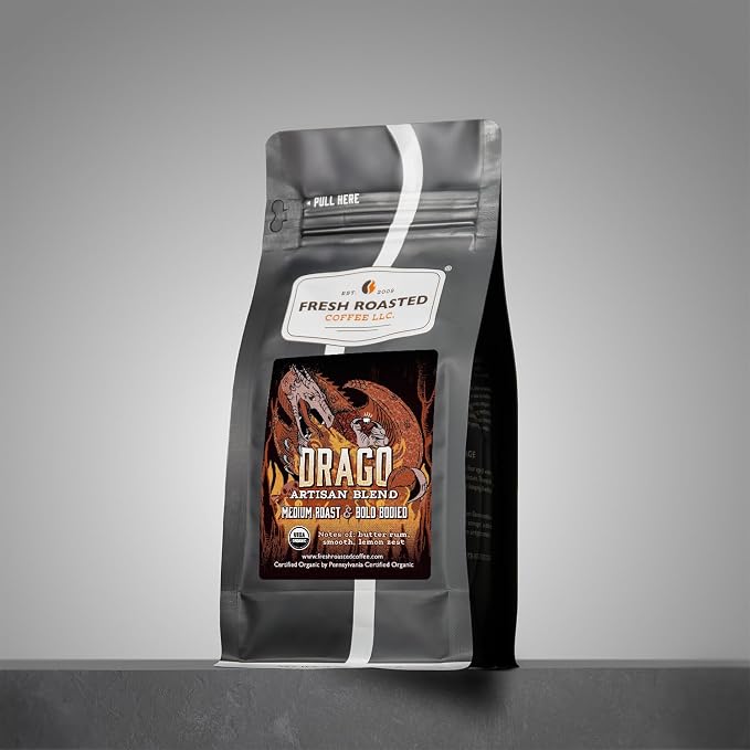 Fresh Roasted Coffee, Organic Drago Café Blend Whole Bean Coffee, Medium Roast, USDA Organic, Kosher, 12 oz