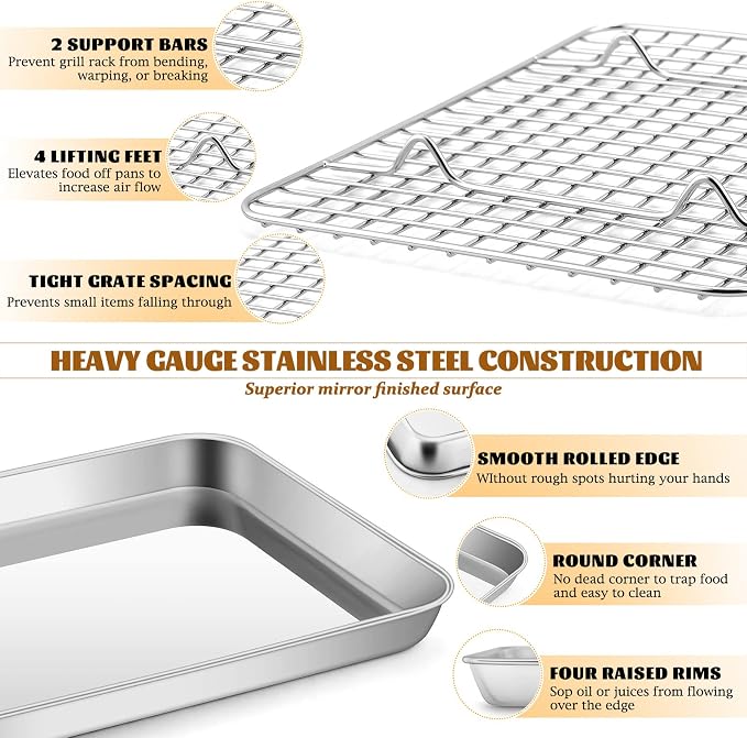 Metal Toaster Oven Tray with Rack Set, E-far 10.5”x8.3” Baking Sheet Broiling Pan with Stainless Steel Wire Grate Rack for Cooking Baking Bacon Steak Cooling Cookie - Dishwasher Safe