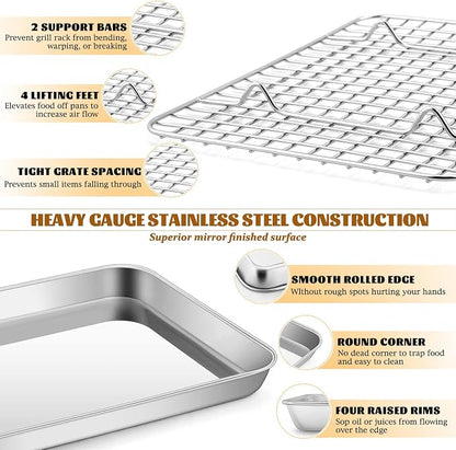 Metal Toaster Oven Tray with Rack Set, E-far 10.5”x8.3” Baking Sheet Broiling Pan with Stainless Steel Wire Grate Rack for Cooking Baking Bacon Steak Cooling Cookie - Dishwasher Safe