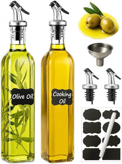 WERTIOO Olive Oil Dispenser Bottle, 2 Pack 17oz Oil and Vinegar Dispenser Set Clear Oil Bottles Container for Kitchen with 4 Spout, Funnel & Pen and Labels