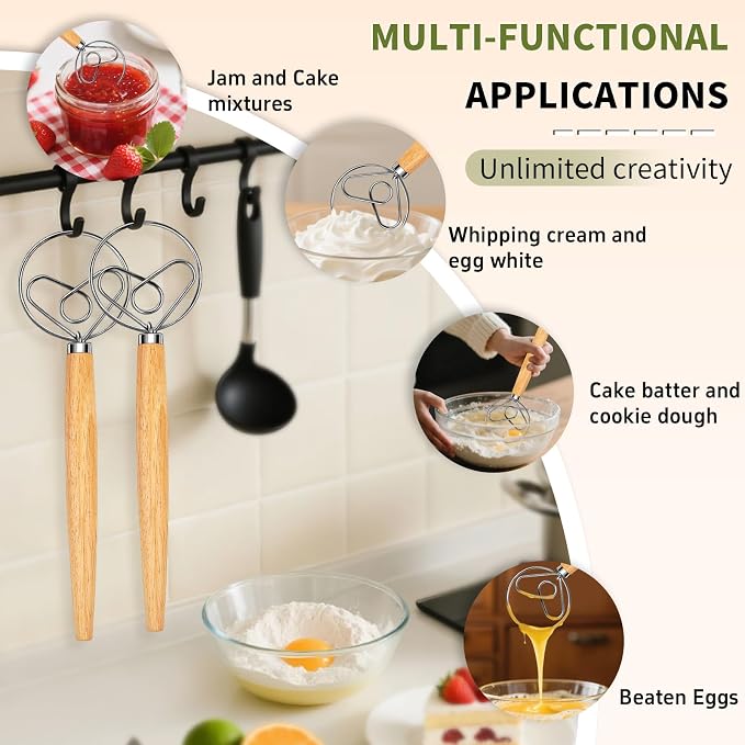 Hand Whisk Stainless Steel Dough Hook Dutch Whisk for Sourdough Bread Dough Mixer Hand Wooden Handle Kitchen Whisking Mixing Tool Bread Making Tools (Love heart shape)