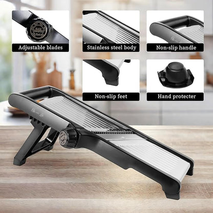 Adjustable Mandoline Slicer 5-in-1 Stainless Steel Vegetable Cutter with Ultra Sharp Blades, Julienne Slicer & Shredder for Potato, Onion