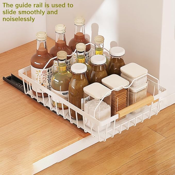 2 Pack No Drill Pull Out Cabinet Organizer, Premium Carbon Steel Slide-Out Drawers with Strong Nano Adhesive, Under Cabinet Storage for Kitchen, Pantry, Bathroom, White
