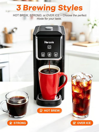 Horavie Single Serve Coffee Maker, Hot & Iced Coffee Maker for K-Pod and Grounds, Strong Brew Setting, 6-12 oz Brew Sizes One Cup Coffee Machine, Black