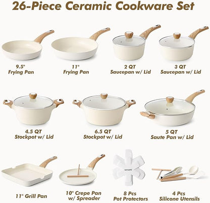 SENSARTE Ceramic Cookware Sets, Pots and Pans Set Non stick, Non toxic Healthy Induction Cookware, 26 Pcs Nonstick Kitchen Cooking Set, w/Frying Pans Set, Saucepans Set
