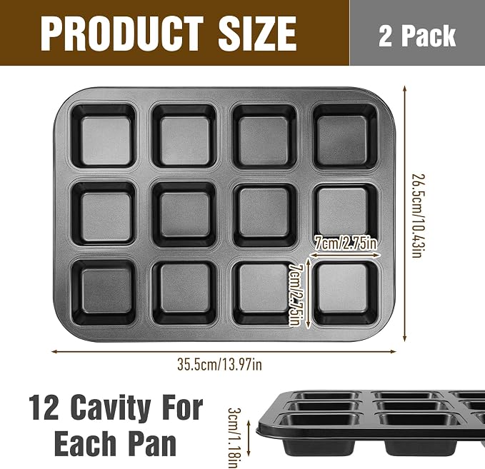 2 Pack Mini Brownie Pan with Dividers, Brownie Bite Pan, 12 Cavity Square Cupcake Pans, Non-Stick Carbon Steel Baking Tray for Individual Brownies, Cakes & Cookies