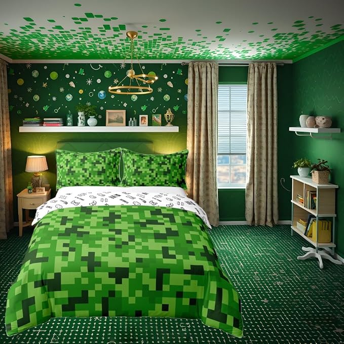 Castle Fairy 100% Cotton Green Pixelated Theme Gamer Bedding Set King Video Games Duvet Cover for Bedroom Decor Cartoon Gamepad Comforter Cover (Not Comforter),3 Pcs