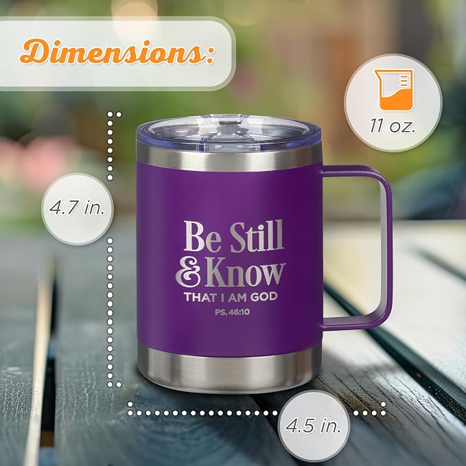 Christian Art Gifts Reusable Stainless Steel Double Wall Vacuum Insulated Camp Style Travel Mug w/Handle for Women: Be Still & Know Inspirational Bible Verse, BPA-free Retractable Lid, Purple, 11 oz.