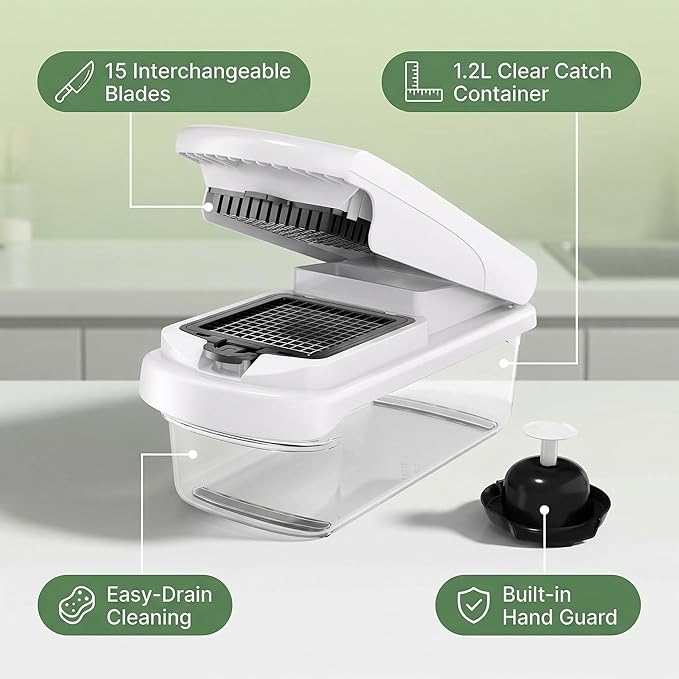Vegetable Chopper 15 in 1 with Container – Mandoline Slicer, Onion Chopper Dicer, Food Chopper, Cheese Grater & Veggie Slicer for Kitchen Meal Prep | KIOOM