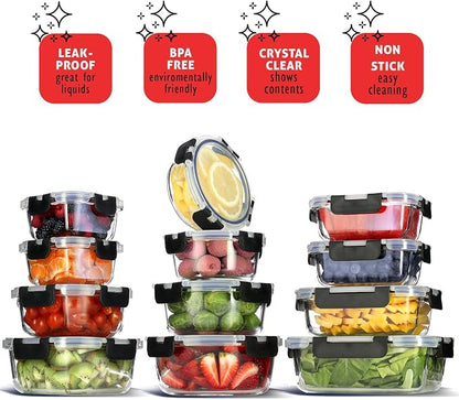 EATEX 24pc Glass Storage Containers with Lids, 12 Set Glass Food Storage Containers with 12 Airtight Lids, Pantry Kitchen Meal Prep Containers for Lunch, Freezer Storage Containers, Jet Black