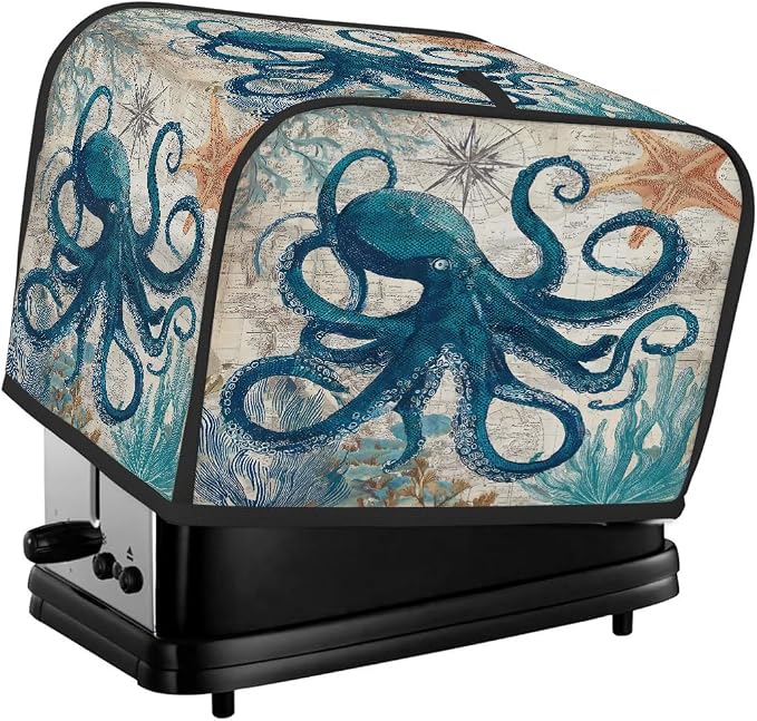 2 Slice Octopus Ocean Vintage Toaster Cover Waterproof Dust Fingerprint Bread Machine Cover Washable Kitchen Appliance Protector For Home Kitchen Bakeware Table Decor Women Gifts