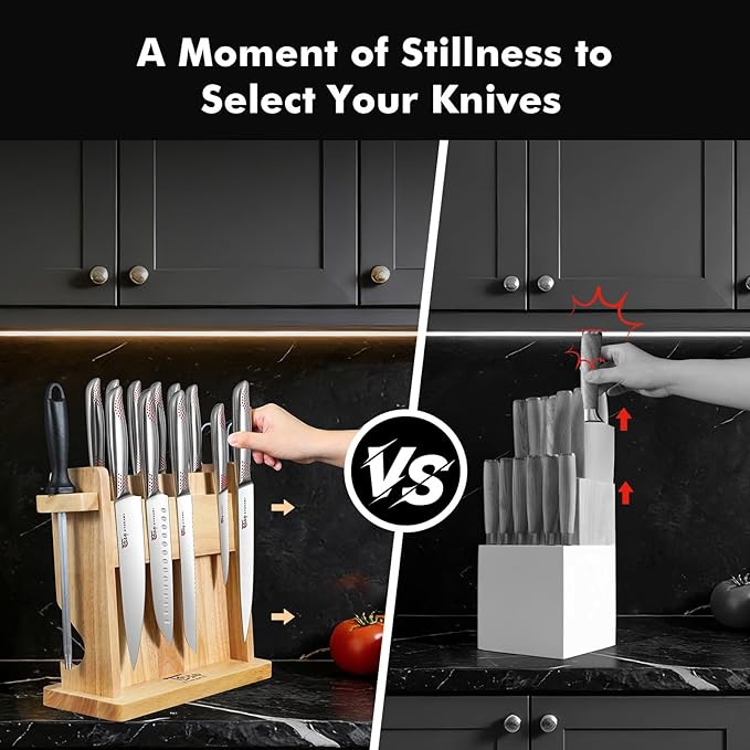 SYOKAMI Japanese Knives Set for Kitchen, Magnetic Knife Set with Block and Sharpener, Stainless Steel Knife Set as Gift for Couple, Wedding, Women or Mom with Gift Box, 14 PCS Red Dot
