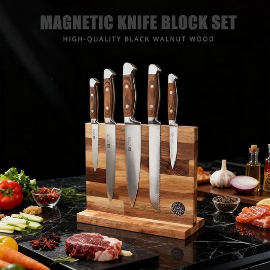 Magnetic Knife Block Set, Double Sided Magnetic Knife Holder with Knives