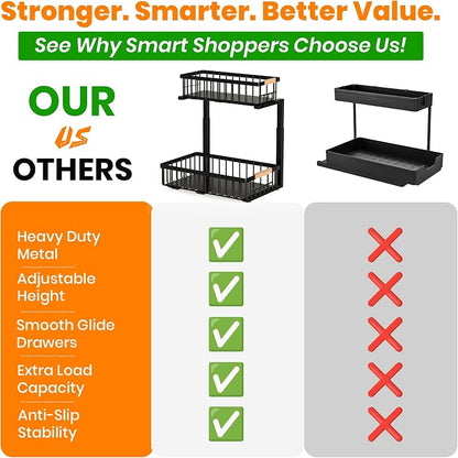 Under Sink Organizer, 2-Tier Pull-Out Cabinet Organizer – Adjustable Height, Left or Right Install – Smooth Slide-Out Drawers, Heavy-Duty Metal Rack for Kitchen & Bathroom, 1 Pack