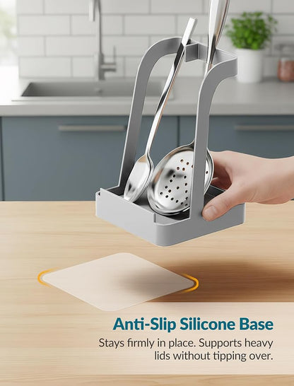 NiHome Upgraded Pot Lid and Spoon Rest with Diatomite Absorbent Tray & Silicone Anti-Slip Pad – Sturdy Metal Frame, Multifunctional Ladle Holder for Kitchen Countertop, 3.9"x3.9"x6" (Gray)