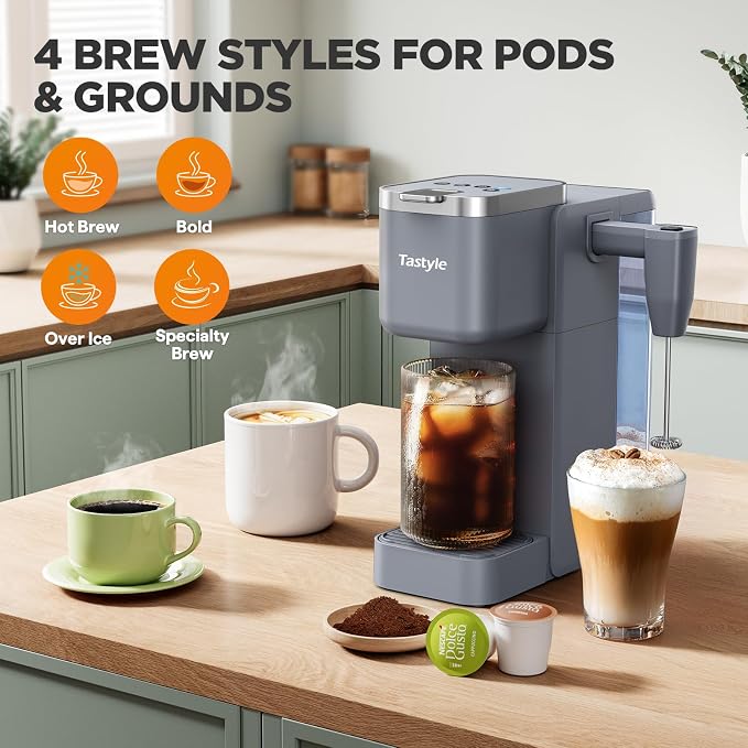 Tastyle 330MF Single Serve Coffee Maker with Built-in Detachable Milk Frother, Iced and Hot Coffee Machine for K Cup & Grounds, 40oz Removable Water Reservoir, 6 Cup Sizes, Fits 7.3" Travel Mug, Gray