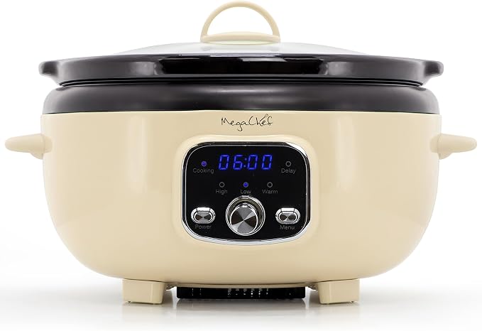 MegaChef 3.7 Quart Oval Electric Digital Slow Cooker with Black Stoneware Crock, Adjustable Timer & Temperature Control, Delay, High, Low & Warm Settings - Versatile Cooking Appliance (Cream)
