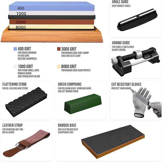 YeopAsda Knife Sharpening Stone Kit, Premium 4 Side Grit 400/1000 3000/8000 Whetstone Knife Sharpener Tool, Non-Slip Bamboo Base,Cut Resistant Gloves, Angle Guide
