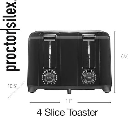 Proctor Silex 4 Slice Toaster with Extra Wide Slots for Bagels, Cool-Touch Walls, Shade Selector With 7 Browning Levels, Toast Boost, Auto Shut-off and Cancel Button, Black (24215PS)