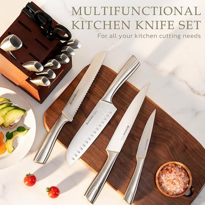 Astercook Knife Set, Kitchen Knives Set with Block and Sharpener Full Tang 15 Pcs Stainless Steel Knives, Dishwasher Safe Knife Set with Anti-slip Ergonomic Handle, Walnut, Fathers Day Gift for Men