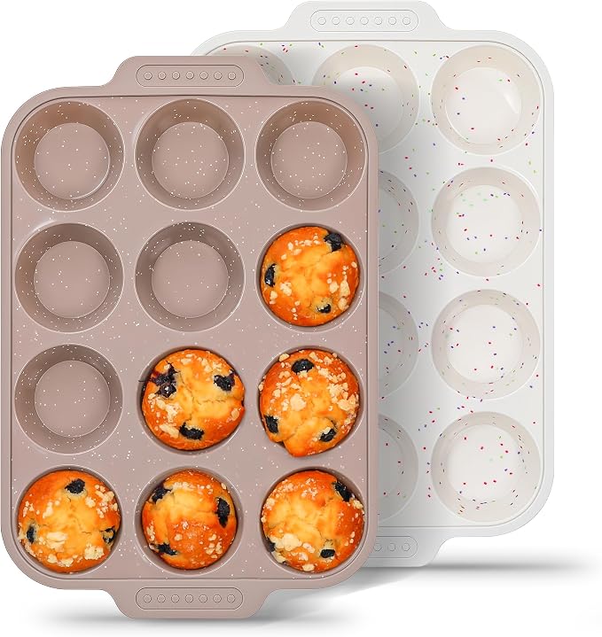 2 Pcs Silicone Muffin Pans for Baking with Metal Reinforced Frame, Nonstick Cupcake Tray for Oven, 12 Cups Regular Size Silicone Molds for Egg Bites, Dishwasher Safe (Brown, Cream)