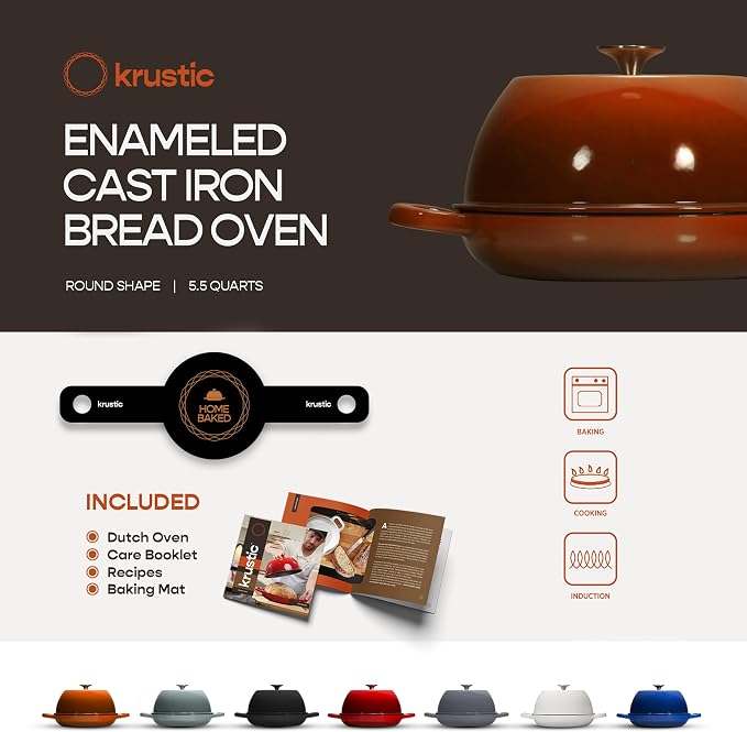 Krustic Enameled Cast Iron Dutch Oven for Sourdough Bread Baking | 6 Quart Pot with Lid | 10 Inch Ceramic Enamel Thick Coated Cookware Set with Non Stick Silicone Baking Mat for Cooking | 6 Qt |