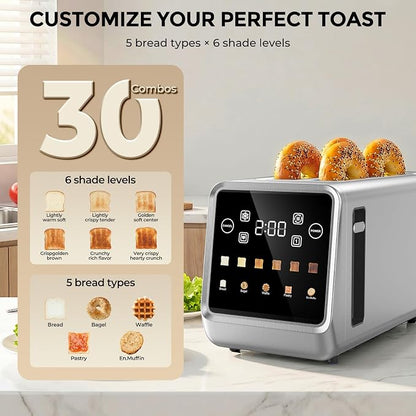 Long Slot Toaster 4 Slice with Touchscreen, 1400W Stainless Steel 2-Slot Smart Appliance Extra Wide 1.5 Inch, Single Mode BreadID Tech Timer for Bagel Waffle
