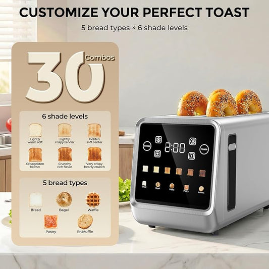 Long Slot Toaster 4 Slice with Touchscreen, 1400W Stainless Steel 2-Slot Smart Appliance Extra Wide 1.5 Inch, Single Mode BreadID Tech Timer for Bagel Waffle