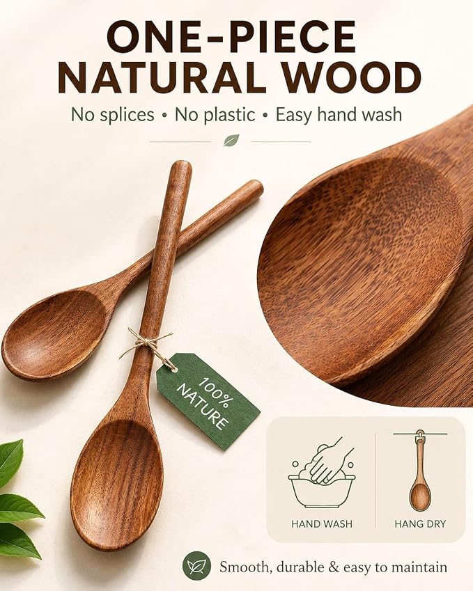 Wooden Cooking Spoons, 2-Piece Acacia Wood Kitchen Utensil Set, 12-Inch Large Mixing Spoons for Nonstick Cookware, Comfort Grip, Durable Natural Wood Spoons