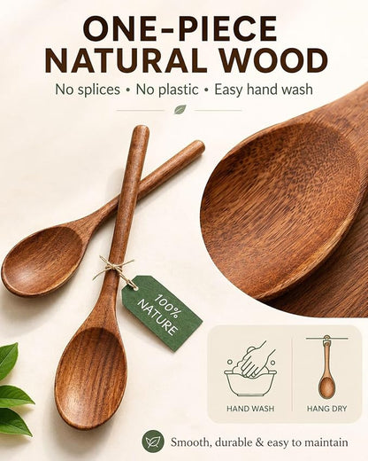 Wooden Cooking Spoons, 2-Piece Acacia Wood Kitchen Utensil Set, 12-Inch Large Mixing Spoons for Nonstick Cookware, Comfort Grip, Durable Natural Wood Spoons