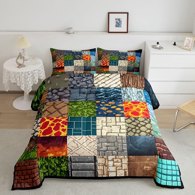 Manfei Video Game Comforter Set -Pixelated Themed Game Comforter King Size Block Theme Gaming Bedding Set for Kids Teens Adults Bedroom Decor Fashion Modern Quilt Duvet,3 Pcs with 2 Pillowcase