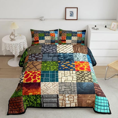 Manfei Video Game Comforter Set -Pixelated Themed Game Comforter King Size Block Theme Gaming Bedding Set for Kids Teens Adults Bedroom Decor Fashion Modern Quilt Duvet,3 Pcs with 2 Pillowcase