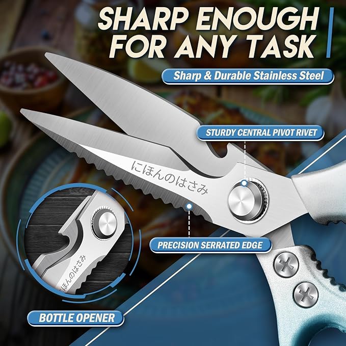 TIJERAS Kitchen Scissors Set Blue - Stainless Steel Kitchen Shear, Sharp Meat Scissors Dishwasher Safe, Heavy Duty Poultry Shears, Japanese Cooking Scissor for Food, Chicken,Turkey, Christmas Gifts