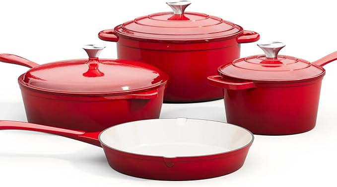 MAISON ARTS 7 Piece Enameled Cast Iron Cookware Set, Heavy Duty Induction Dutch Ovens Pot with Lid, Red Non Toxic Pots and Pans Sets, PFOA-PFOS Free
