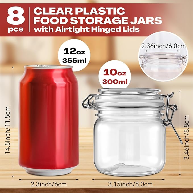 Suclain 8 Pcs 10 Oz/300ml Plastic Storage Jars with Airtight Hinged Lids Bulk, Clear Wide Mouth Food Storage Containers Empty Bottles Sealed Jars for Home Kitchen Candy Herbs Spices Coffee Nuts
