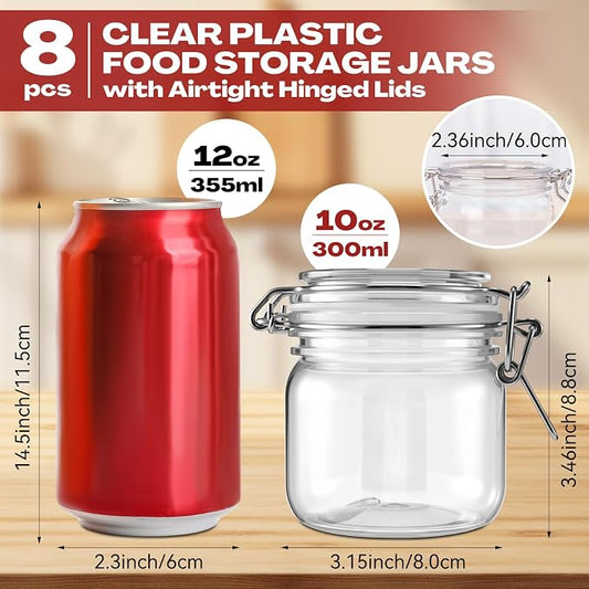 Suclain 8 Pcs 10 Oz/300ml Plastic Storage Jars with Airtight Hinged Lids Bulk, Clear Wide Mouth Food Storage Containers Empty Bottles Sealed Jars for Home Kitchen Candy Herbs Spices Coffee Nuts