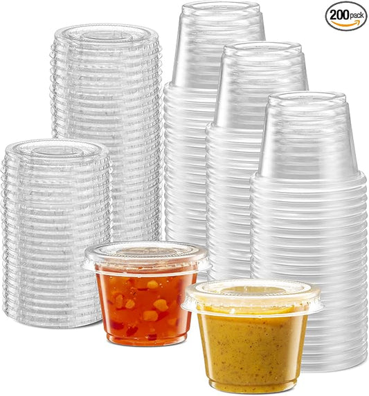 (1 oz - 200 Sets) Clear Diposable Plastic Portion Cups With Lids, Small Mini Containers For Portion Controll, Jello Shots, Meal Prep, Sauce Cups,Condiments, Medicine,Disposable