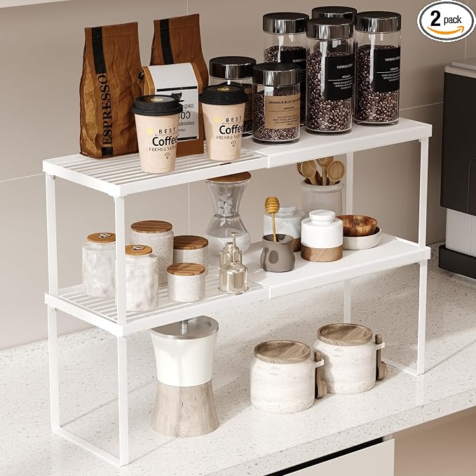 Magheo Expandable Cabinet Shelf Organizer, 2 Pack Stackable Kitchen Counter Shelf Riser, Metal Spice Rack Heavy Duty Countertop Organizer Storage for Kitchen, Pantry, Cupboard, Rv (8.7in Height,White)