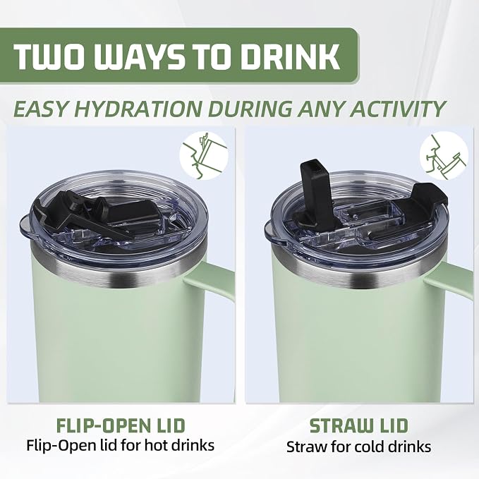 40 oz Tumbler with Handle and Flip Straw, 100% Leakproof Insulated Tumbler with Lid and Straw, Stainless Steel Travel Coffee Mug, Insulated Coffee Thermal Cup for Cold and Hot (Green Tea)