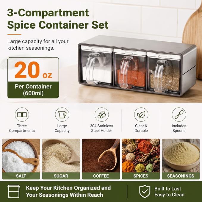 ZENFUN 3 Grids Seasoning Organizer Box, Stainless Steel Salt Container with Lid and Spoon, Seasoning Containers with Stainless Steel Rack for Home, Kitchen, Cafe, Storing Salt, Sugar, Pepper, Spice