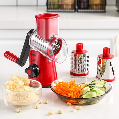Geedel Rotary Cheese Grater, Kitchen Mandoline Vegetable Slicer with 3 Interchangeable Blades, Easy to Clean Rotary Grater Slicer for Cheese, Vegetables, Nuts
