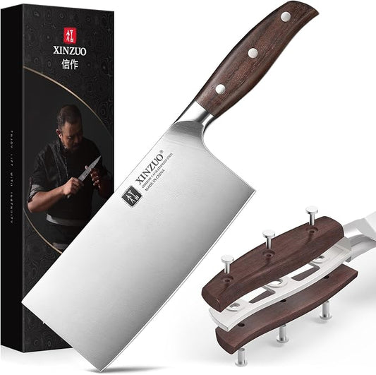XINZUO Meat Cleaver Knife, 7 Inches German Stainless Steel Chef Cleaver Knife,Vegetable Meat Cleaver,Multifunction Chopper Butcher Knife,Chinese Chef Knife, Ultra Sharp, Red Sandalwood Handle