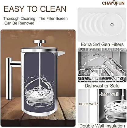 Premium Stainless Steel French Press Coffee Maker (5 Pack Filter)- 34oz/1L Thermal Insulated, 304 Rust-Proof Metal Press - Heat-Resistant Ergonomic Handle BPA Free(Dishwasher Safe)